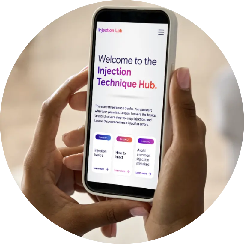Hands holding a phone displaying the Injection Technique Hub